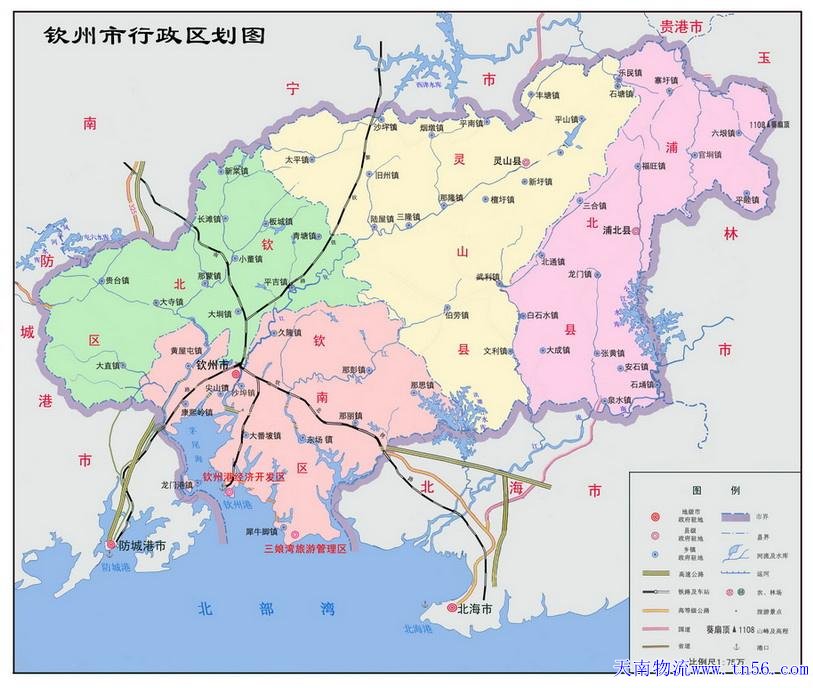 东莞到钦州市物流地图